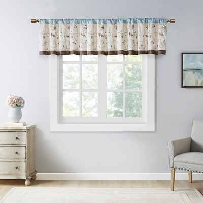 Elegant Floral Embroidered Window Valance, All Season Textured Light Filtering Curtain fits Various Room Decor, Blue, 50x18"