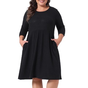 Agnes Orinda Women's Plus Size Elegant Round Neck Long Sleeve with Pocket Ribbed Knit Midi Sweater Dress - 1 of 4