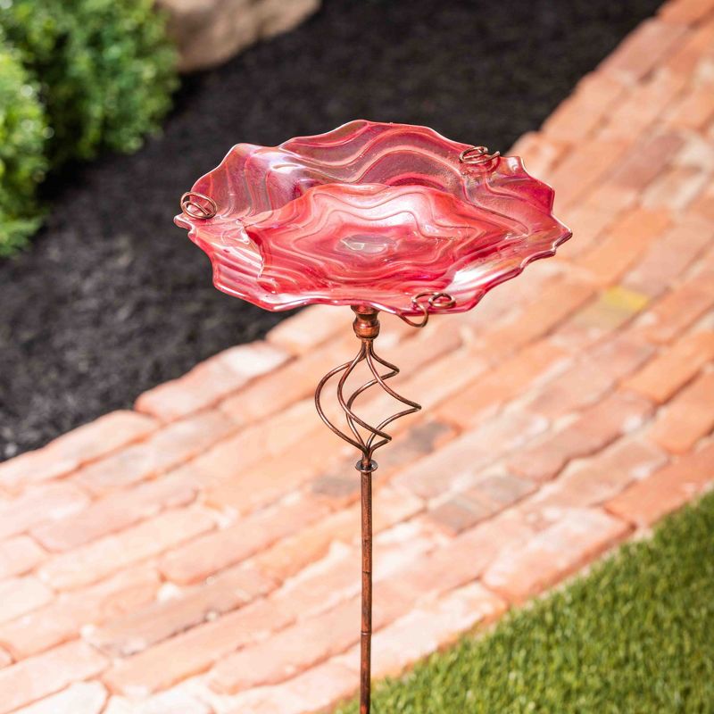 Evergreen 30"H Glass Bird Bath with Garden Stake, Red Swirl- Fade and Weather Resistant Outdoor Decor for Homes, Yards and Gardens, 3 of 6