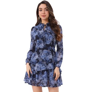 INSPIRE CHIC Women's Summer Floral Layered Tie V-Neck Semi-Sheer Long Sleeve Mini Dress - 1 of 4