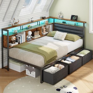 Bed Frame with Storage Bookcase and LED Lights Twin Size Bed Frames with Upholstered Headboard and Charging Station Twin Daybed with 3 Storage Drawers - 1 of 4