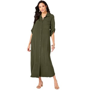 Roaman's Women's Plus Size Collared Button Front Dress - 1 of 4