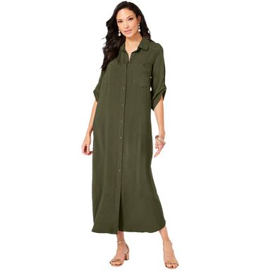 Roaman's Collared Button Front Dress - 28 W, Dark Olive Green : Target