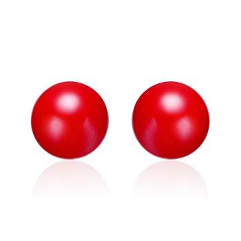 Guili 14k Yellow Gold Plated Stud Earrings with Red Enamel Round Pearl for Kids