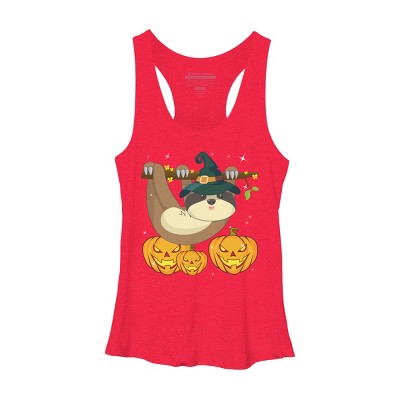 Women's Design By Humans Funny Witch Sloth With Jack O Lantern Halloween T-Shirt By thebeardstudio Racerback Tank Top