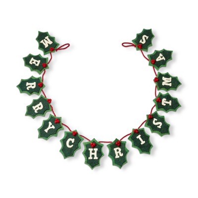 tag 76-inch Merry Christmas Sentiment Green Holly Red Berries Wool Felt Garland Doorway Tabletop Wall Mantel Home Decoration Christmas Tree Decor