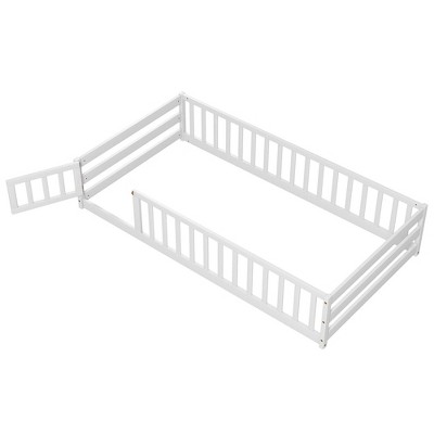 Costway Twin Size Floor Bed with Door & Fence with Safety Guardrails & Slats Support Gray/White/Beige