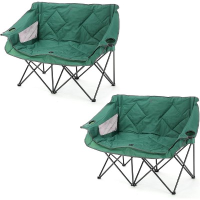 Arrowhead Outdoor Portable Folding Double Duo Camping Chair Loveseat Couch w/ 2 Cup & Wine Glass Holder, Supports up to 500lbs (Forest Green)
