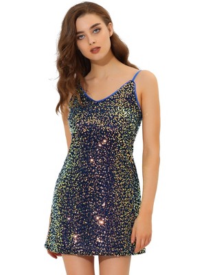 Allegra K Women's Glitter Sequin Spaghetti Strap V Neck Party Cocktail Sparkly Mini Dress