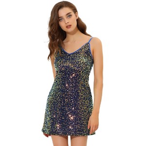 Allegra K Women's Glitter Sequin Spaghetti Strap V Neck Party Cocktail Sparkly Mini Dress - 1 of 4
