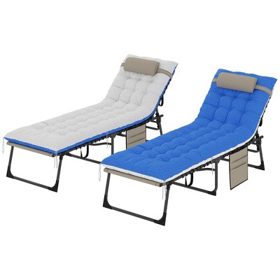 Outsunny 2 Pieces Outdoor Lounge Chairs, 5-Level Reclining Outdoor Chaise Lounge, Folding Tanning Chair with Cushion for Beach, Poolside, Brown/Blue