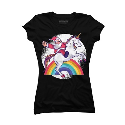 Junior's Design By Humans Christmas Cartoon Santa Riding A Unicorn By rasok T-Shirt
