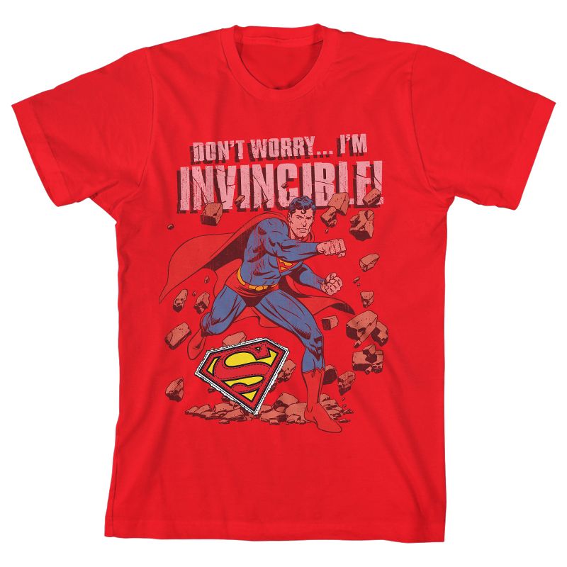 Superman Don't Worry I'm Invincible Boy's Red T-shirt, 1 of 2