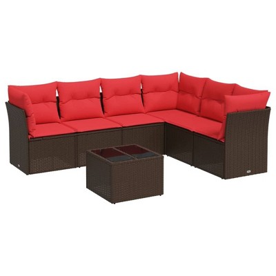 vidaXL 7 Piece Patio Sofa Set with Cushions Brown Poly Rattan - Brown and Red With Table