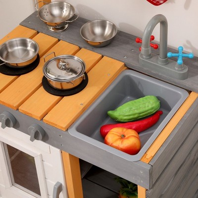 Kids Wooden Mud Kitchen, Outdoor Play Kitchen Playset with Cookware Accessories, Faucet and Sink
