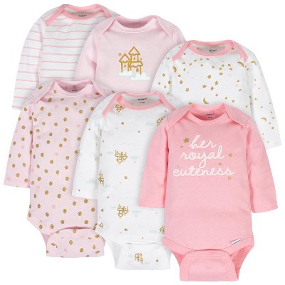 Gerber Baby Girls' Long Sleeve Onesies Bodysuits - Castle - Newborn - 6-Pack