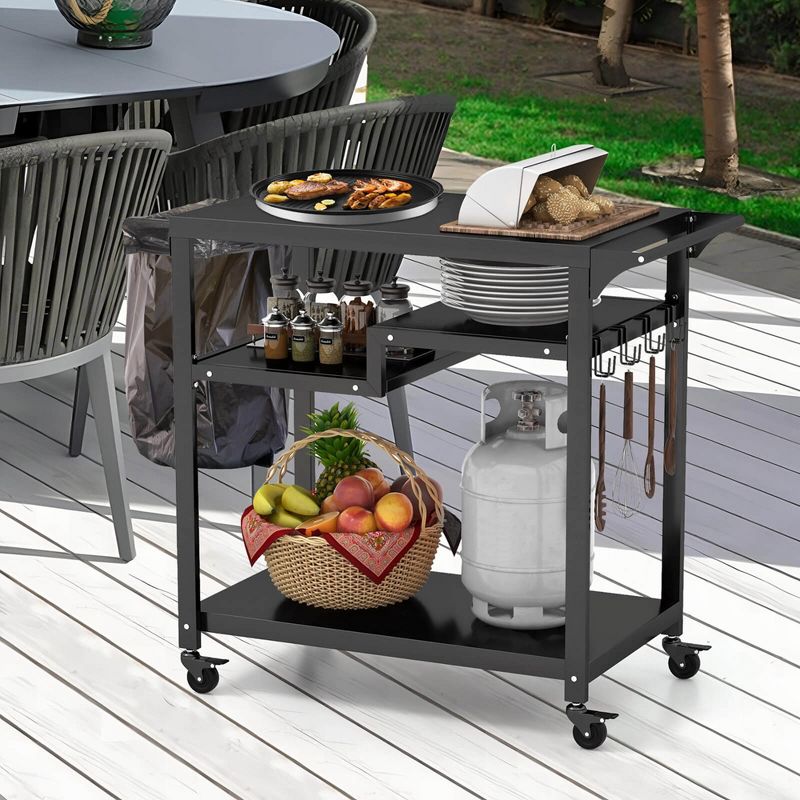 Costway Rolling Grill Cart 3-Shelf BBQ Table Pizza Oven Stand with Trash Bag Holder & Hooks, 2 of 11