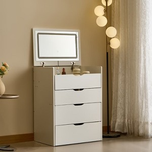 Racxily 3-in-1 Vanity Desk with Mirror & Lights, Glass Tabletop with 3 Drawers & Storage Bench for Bedroom - 1 of 4