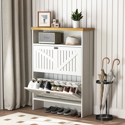 KWPZQEB Shoe Cabinet with 2 Flip Drawers, Hidden Wood Shoe Cabinet with Open Storage, Freestanding Shoe Storage Cabinet for Entryway, Hallway, White
