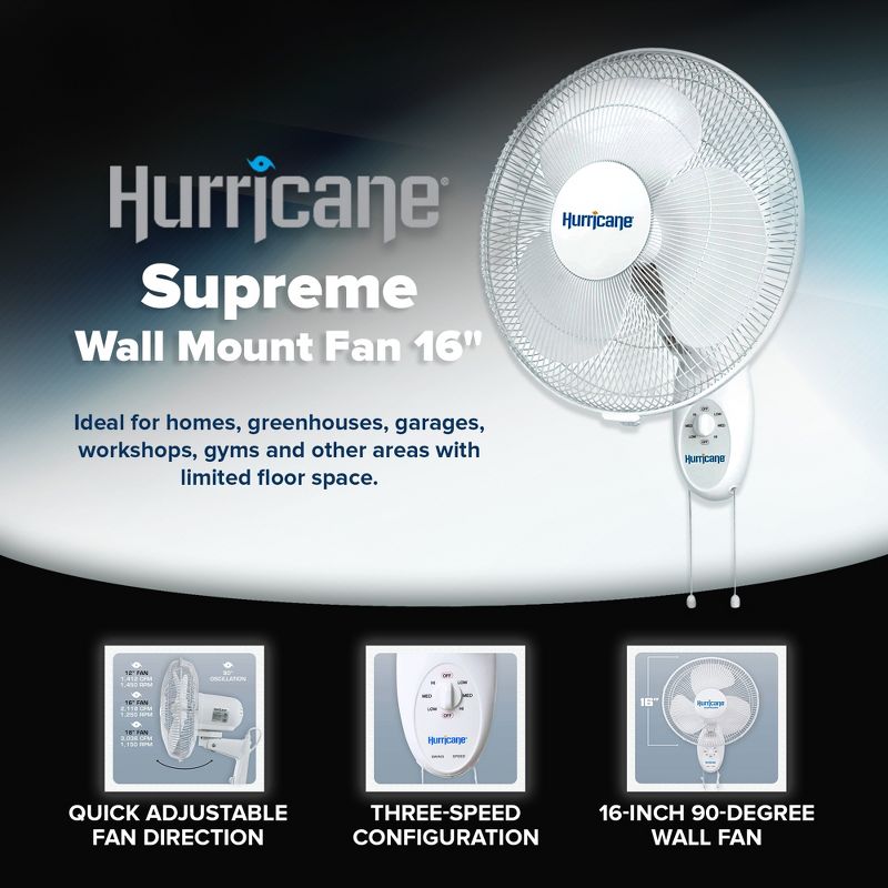 Hurricane Supreme 16 Inch 90 Degree Oscillating Indoor Wall Mounted 3 Speed Plastic Blade Fan with Adjustable Tilt and Pull Chain Control, White, 2 of 7