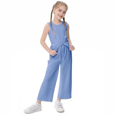 Girls Sleeveless Jumpsuits Scoop Neck Keyhole Back Soft Tank Jumpsuits Back Elastic Waist Wide Leg Jumpsuits with Pockets,Blue - 120