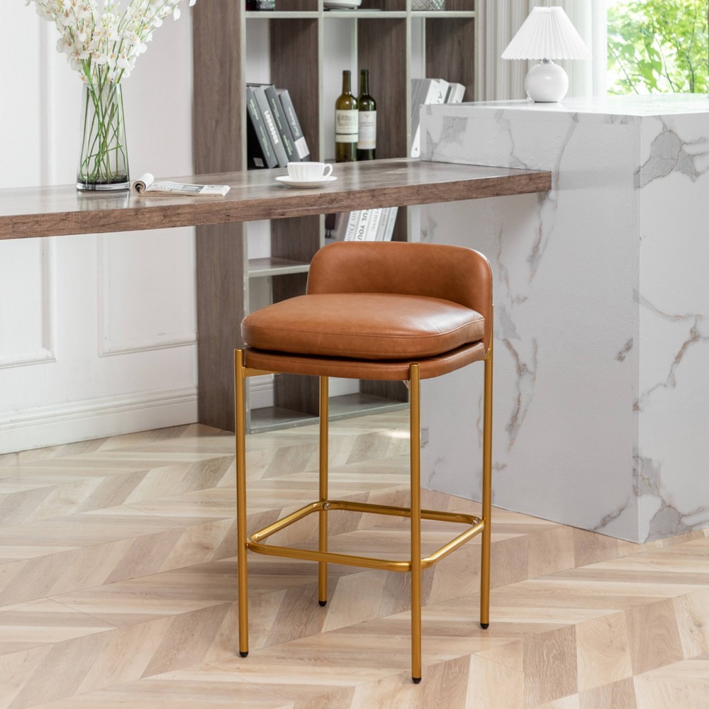 Photos - Storage Combination Modern Mid-Back Counter Height Barstool Camel Brown Faux Leather - WOVENBY