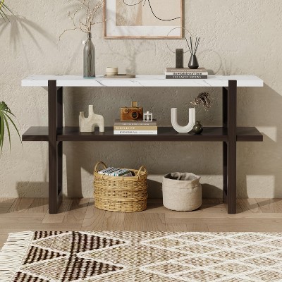 CENGHU Retro Elegant Console Table, Sofa Table with Marble-Effect Top and Open Shelf, Ideal for Entryways, Living Rooms, and Hallways