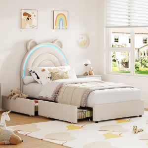 Princess Twin Size Bed Frame with 4 Storage Drawers, Velvet Upholstered Platform Bed with Rainbow Headboard - 1 of 4