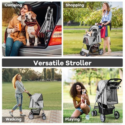 Gray Folding Pet Stroller with Mesh Windows and Storage Basket