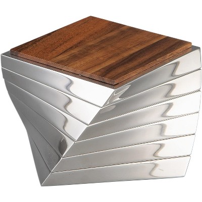 nambe Twist Coaster 6-Piece Set, Wooden Drinks Coasters for Tabletop Protection, Made of Acacia Wood and Metal Alloy, Unique Sculptural Design