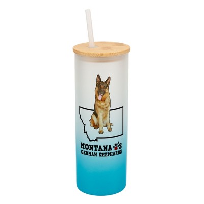 Elanze Designs The Treasure State Montana Loves German Shepherds Sky Blue and White Ombre Frosted Glass Travel Tumbler with Straw and Wooden Lid, 25
