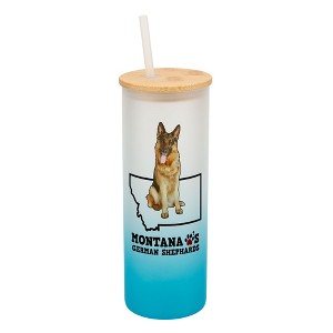 Elanze Designs The Treasure State Montana Loves German Shepherds Sky Blue and White Ombre Frosted Glass Travel Tumbler with Straw and Wooden Lid, 25 - 1 of 4