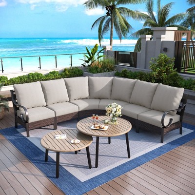 Captiva Designs 8pc Outdoor Half-Moon Sectional Patio Conversation Sets with 2 Round Table for Garden, Poolside, Balcony, Backyard