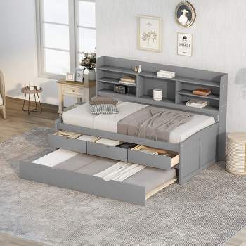 .com: Overstock Twin Size Wooden House Bed with Trundle and 3 Storage  Drawers Gray : Home & Kitchen