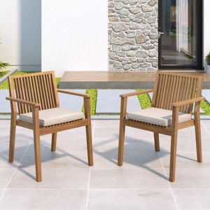 Outdoor Dining Chairs Set of 2,Acacia Wood Patio Chairs with Waterproof Cushions,Slatted Backrest Dining Chairs for Garden-Coolbibila - 1 of 4