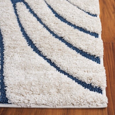 Cream and Blue Round Hand-Knotted Shag Area Rug