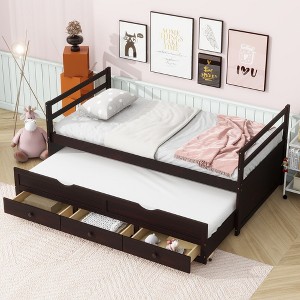 Whisen Twin Size Pine Wood Bed with Headboard, Footboard, Trundle and Three Storage Drawers - 1 of 4