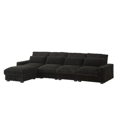 NicBex 126 Inch L-Shaped Corduroy Sectional Sofa with Movable Ottoman,4 Waist Pillows and USB Ports for Living Room,Bedroom,Black