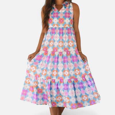 Amaryllis Women's Sleeveless Tiered Maxi Dress Collared V-Neck Relaxed Fit Floral Print Flowy Dress