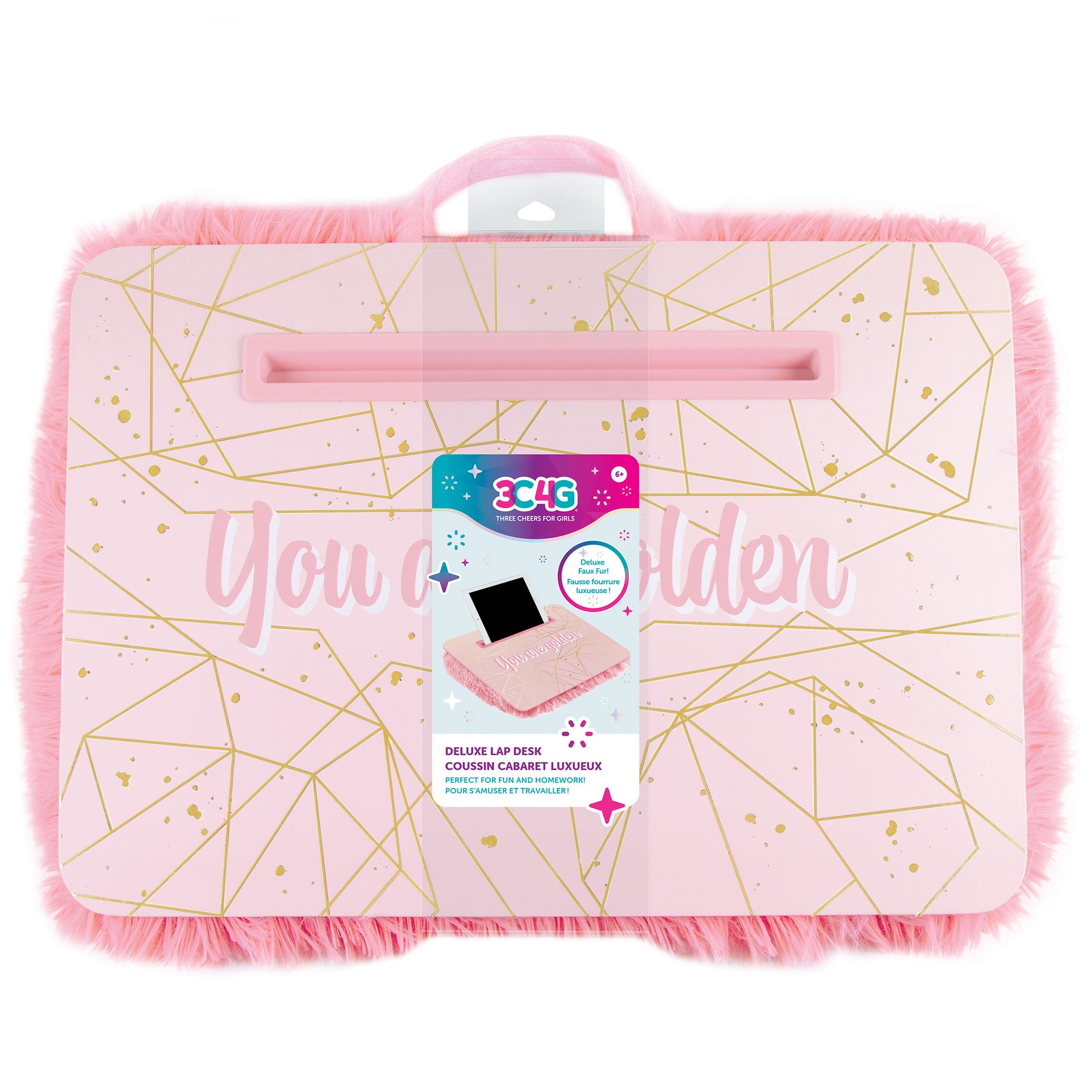 3C4G: Pink & Gold Deluxe Fur Lap Desk - You Are Golden, Make It Real,12” x 17"