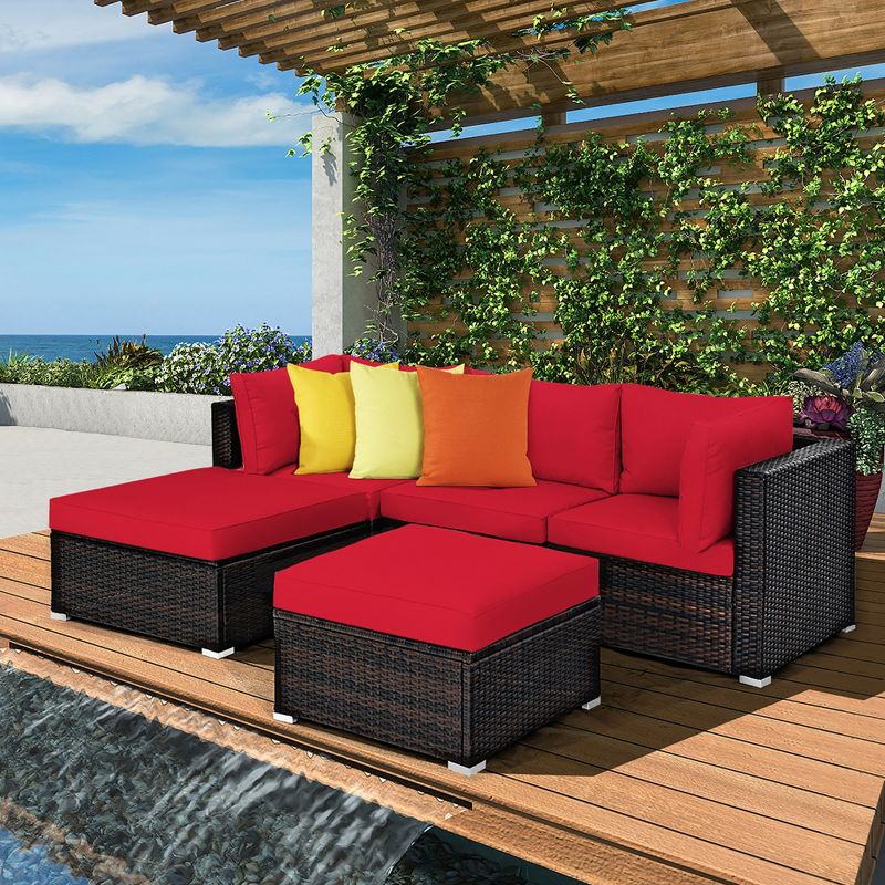 Costway 5PCS Patio Rattan Furniture Set Sectional Conversation Set Ottoman Table Red, 3 of 11