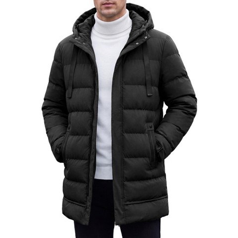 INSPIRE CHIC Men's Winter Heavyweight Padded Drawstring Hooded Knee Length Parka Coat Small Black