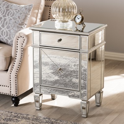 Claudia Silver Mirrored 1-Drawer Nightstand with Crosshatch Detail