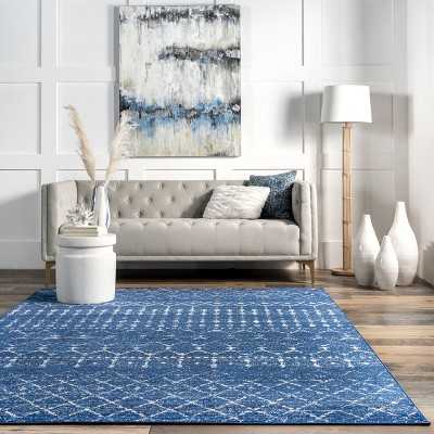 Distressed Moroccan Trellis 4' Square Blue Synthetic Area Rug