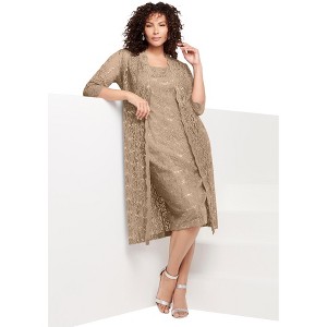 Roaman's Plus Size 3/4 Sleeve Formal Duster Sequin – Embellished Lace Dress Set - 1 of 4