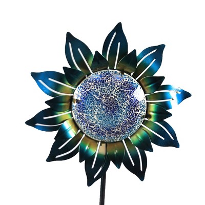 55" Blue and Gold Crackle Mosaic Glass Flower Garden Stake