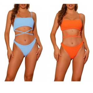 Elerevyo Women's Sporty Ribbed Bikini Lace-up Adjustable Spaghetti Straps Swimwear Bathing Suits 2 Pieces 2 Sets - 1 of 4