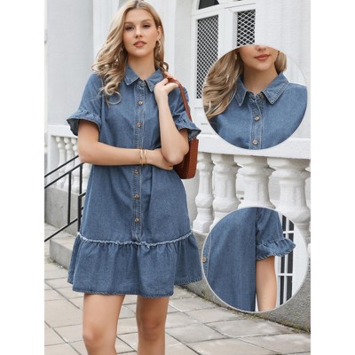 Женские платья INSPIRE CHIC Women's Denim Ruffle Sleeve Button Up Turndown Collar Casual Shift Mini Jean Dresses Large Blue — фото 2