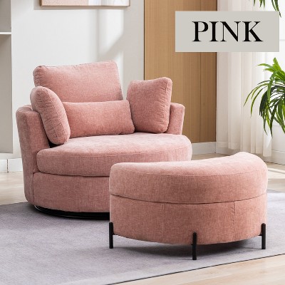 Hrinhom 42"W Upholstered Swivel Accent Chair with Pillows and Half-Moon Storage Ottoman