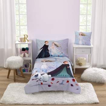Disney Frozen Winter Cheer Lavender, Aqua, Green and White, Anna, Elsa, and Olaf 4 Piece Toddler Bed Set
